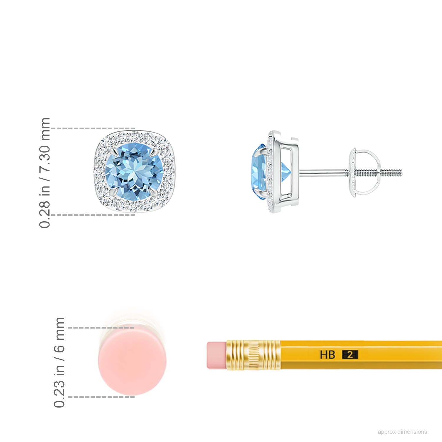 5mm AAAA Claw-Set Aquamarine and Diamond Cushion Halo Stud Earrings in P950 Platinum - ruler