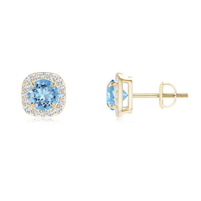 5mm AAAA Claw-Set Aquamarine and Diamond Cushion Halo Stud Earrings in Yellow Gold 