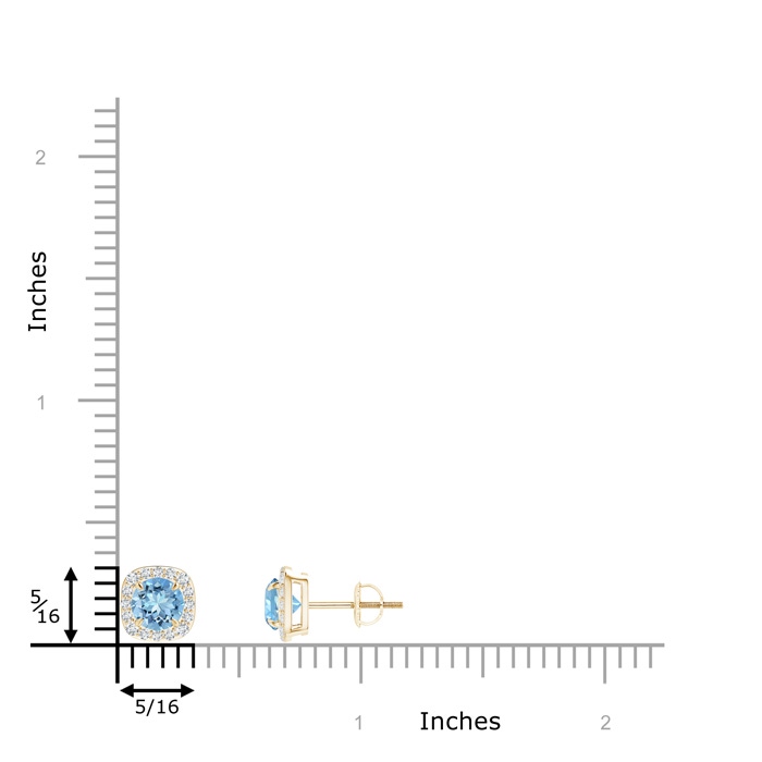 5mm AAAA Claw-Set Aquamarine and Diamond Cushion Halo Stud Earrings in Yellow Gold ruler