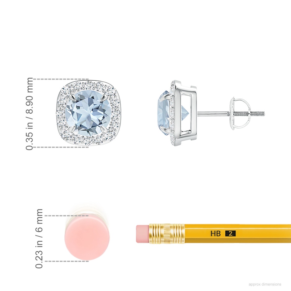 6mm A Claw-Set Aquamarine and Diamond Cushion Halo Stud Earrings in P950 Platinum ruler