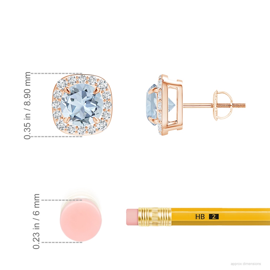 6mm A Claw-Set Aquamarine and Diamond Cushion Halo Stud Earrings in Rose Gold ruler