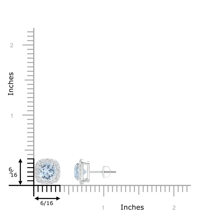 6mm A Claw-Set Aquamarine and Diamond Cushion Halo Stud Earrings in White Gold ruler