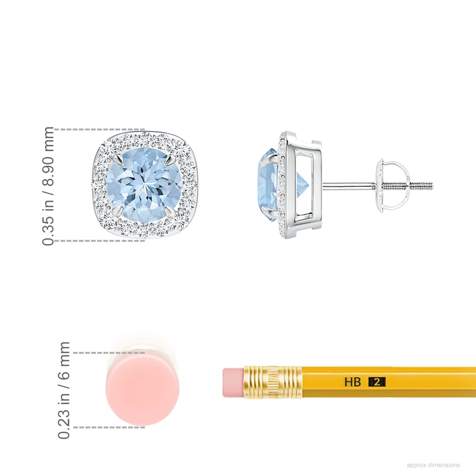 6mm AA Claw-Set Aquamarine and Diamond Cushion Halo Stud Earrings in P950 Platinum ruler