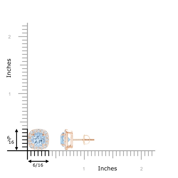 6mm AA Claw-Set Aquamarine and Diamond Cushion Halo Stud Earrings in Rose Gold ruler