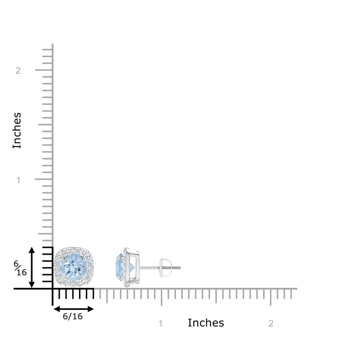 6mm AA Claw-Set Aquamarine and Diamond Cushion Halo Stud Earrings in White Gold ruler
