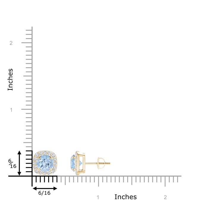 6mm AA Claw-Set Aquamarine and Diamond Cushion Halo Stud Earrings in Yellow Gold ruler
