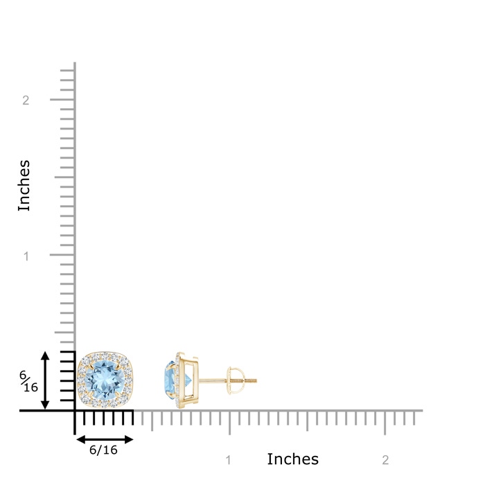 6mm AAA Claw-Set Aquamarine and Diamond Cushion Halo Stud Earrings in Yellow Gold ruler