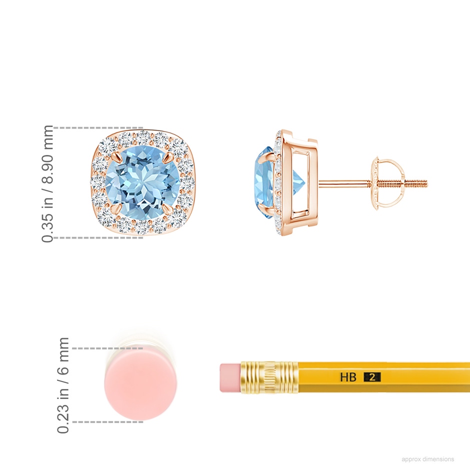 6mm AAAA Claw-Set Aquamarine and Diamond Cushion Halo Stud Earrings in Rose Gold ruler