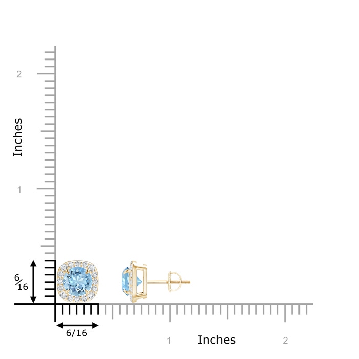 6mm AAAA Claw-Set Aquamarine and Diamond Cushion Halo Stud Earrings in Yellow Gold ruler