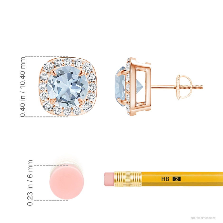 7mm A Claw-Set Aquamarine and Diamond Cushion Halo Stud Earrings in Rose Gold ruler