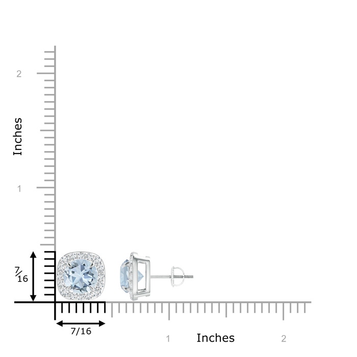 7mm A Claw-Set Aquamarine and Diamond Cushion Halo Stud Earrings in White Gold ruler
