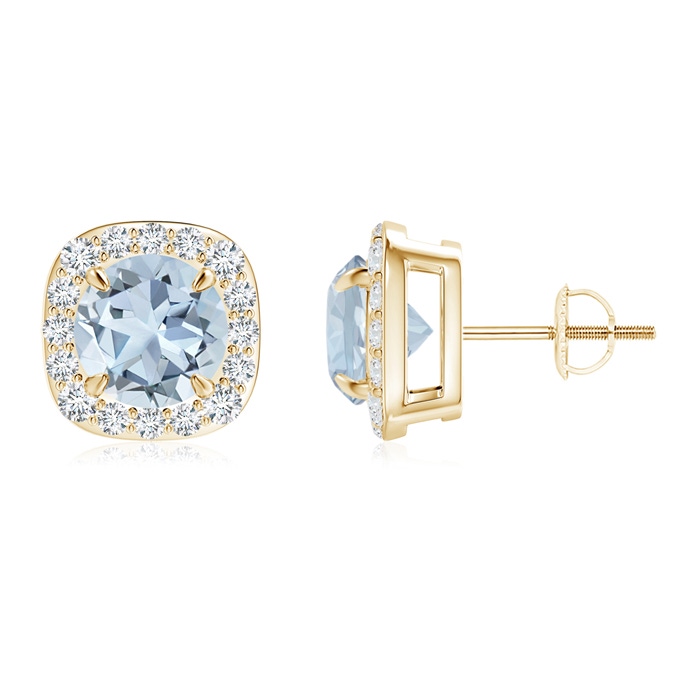 7mm A Claw-Set Aquamarine and Diamond Cushion Halo Stud Earrings in Yellow Gold 
