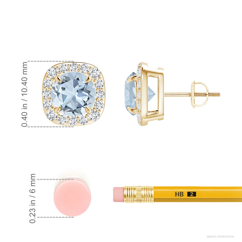 7mm A Claw-Set Aquamarine and Diamond Cushion Halo Stud Earrings in Yellow Gold ruler