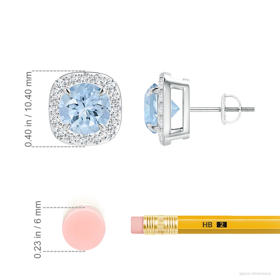7mm AA Claw-Set Aquamarine and Diamond Cushion Halo Stud Earrings in 18K White Gold ruler