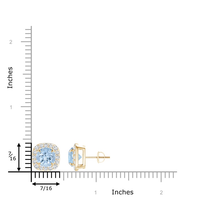 7mm AA Claw-Set Aquamarine and Diamond Cushion Halo Stud Earrings in Yellow Gold ruler