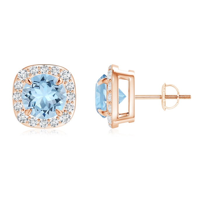 7mm AAA Claw-Set Aquamarine and Diamond Cushion Halo Stud Earrings in Rose Gold 