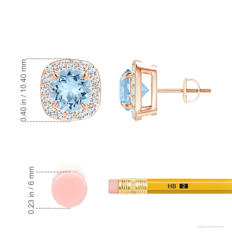 7mm AAA Claw-Set Aquamarine and Diamond Cushion Halo Stud Earrings in Rose Gold ruler