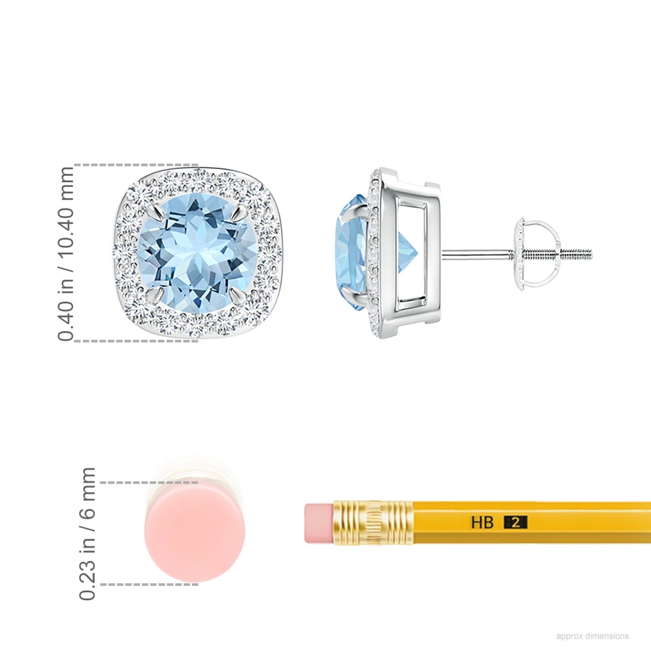 7mm AAA Claw-Set Aquamarine and Diamond Cushion Halo Stud Earrings in White Gold ruler