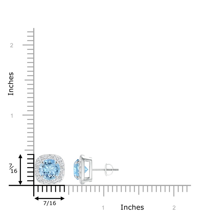 7mm AAAA Claw-Set Aquamarine and Diamond Cushion Halo Stud Earrings in P950 Platinum ruler
