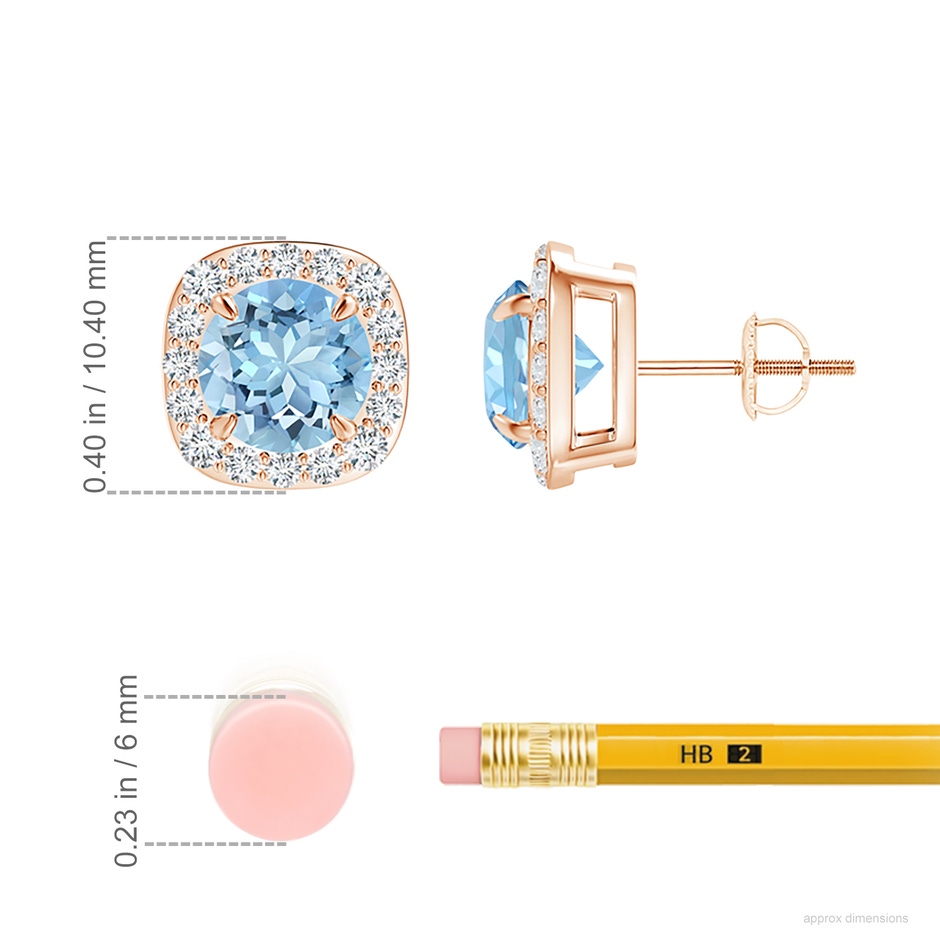 7mm AAAA Claw-Set Aquamarine and Diamond Cushion Halo Stud Earrings in Rose Gold ruler