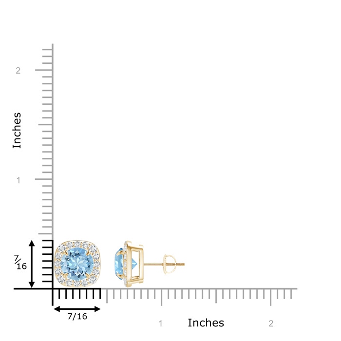 7mm AAAA Claw-Set Aquamarine and Diamond Cushion Halo Stud Earrings in Yellow Gold ruler