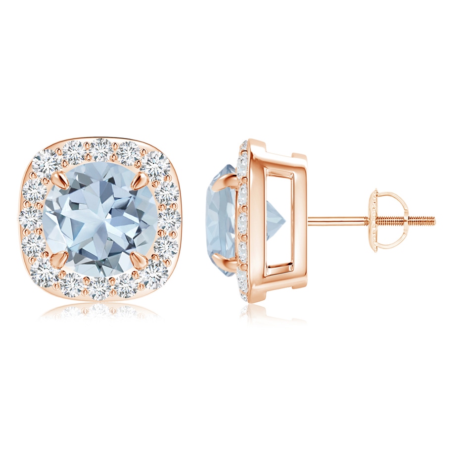 8mm A Claw-Set Aquamarine and Diamond Cushion Halo Stud Earrings in 18K Rose Gold 