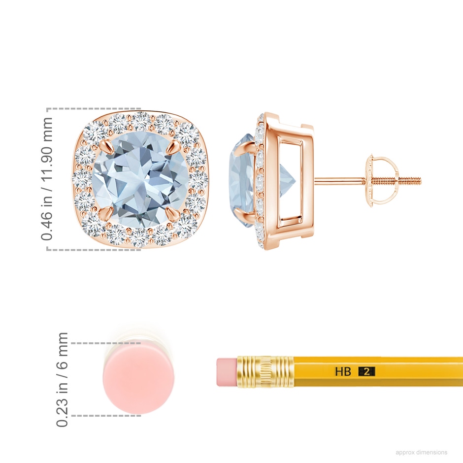 8mm A Claw-Set Aquamarine and Diamond Cushion Halo Stud Earrings in 18K Rose Gold ruler