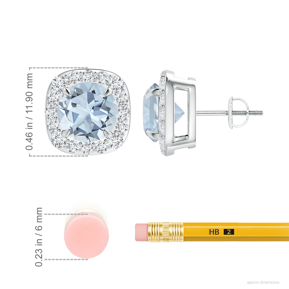 8mm A Claw-Set Aquamarine and Diamond Cushion Halo Stud Earrings in 18K White Gold ruler