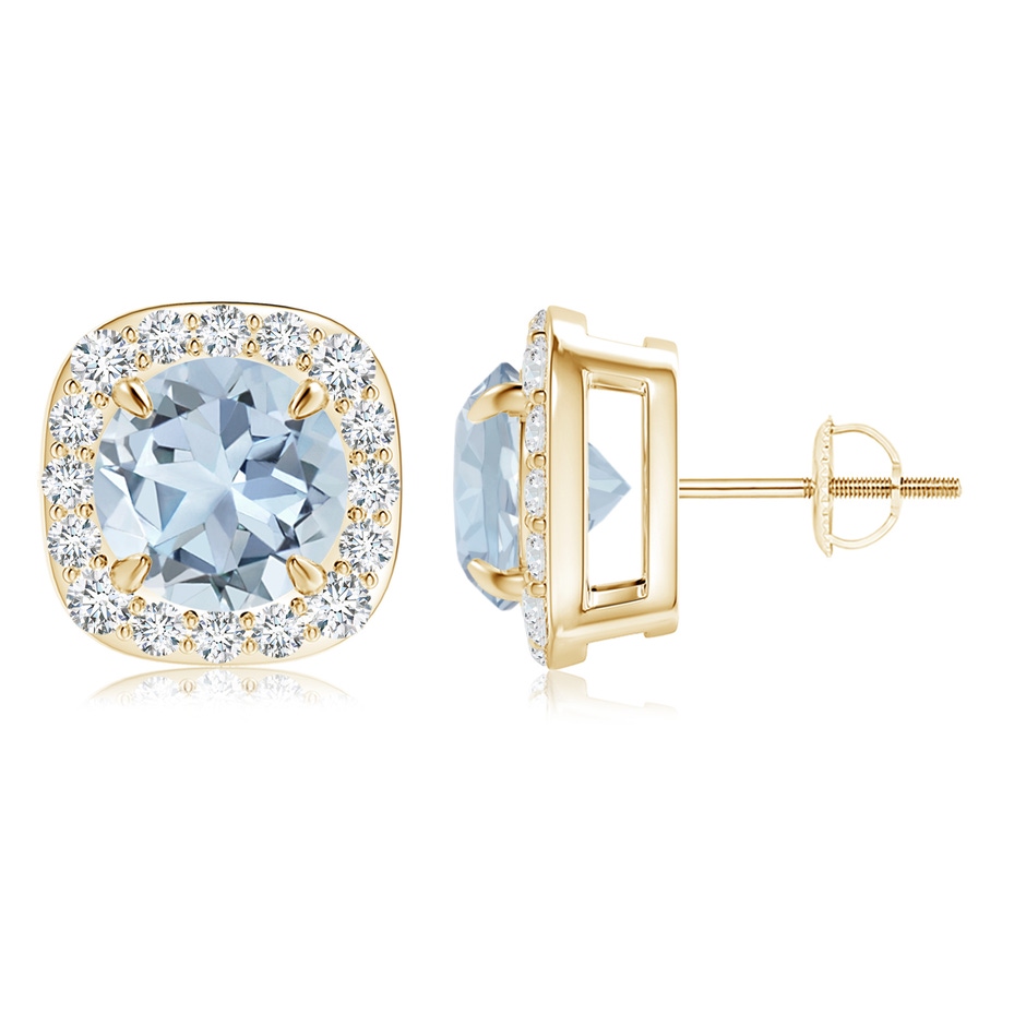 8mm A Claw-Set Aquamarine and Diamond Cushion Halo Stud Earrings in Yellow Gold 