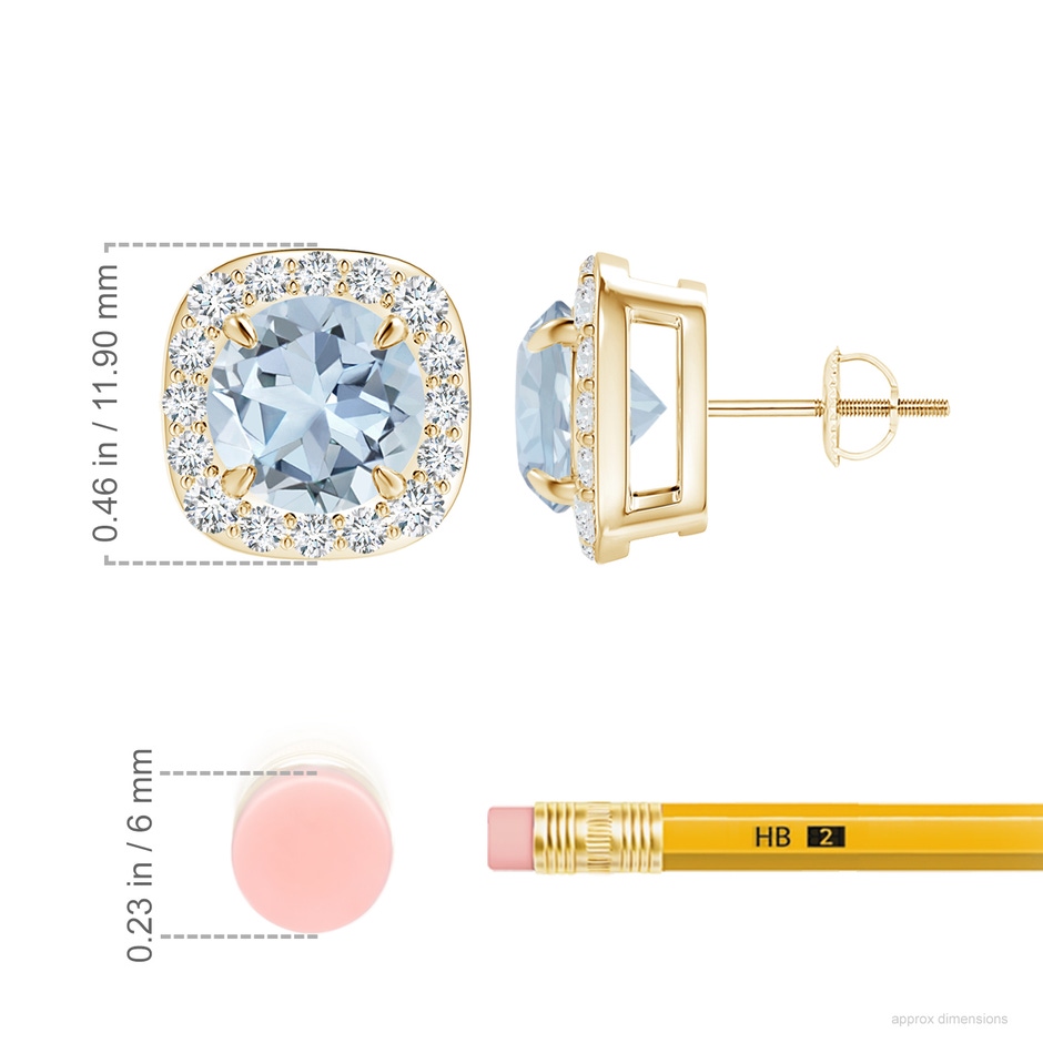 8mm A Claw-Set Aquamarine and Diamond Cushion Halo Stud Earrings in Yellow Gold ruler
