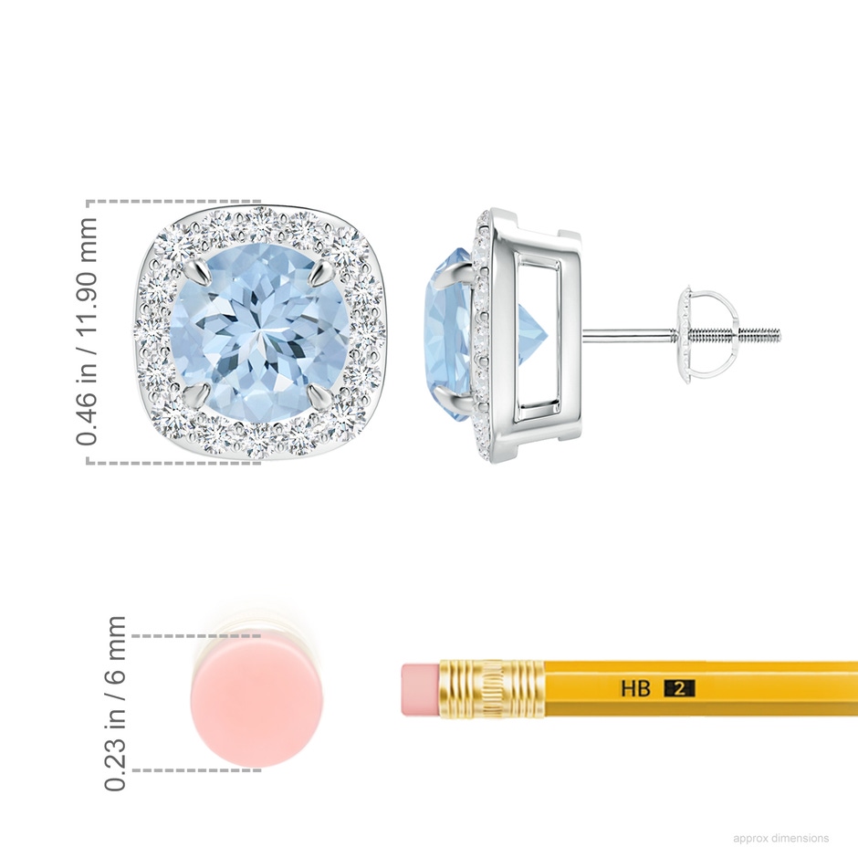 8mm AA Claw-Set Aquamarine and Diamond Cushion Halo Stud Earrings in P950 Platinum ruler