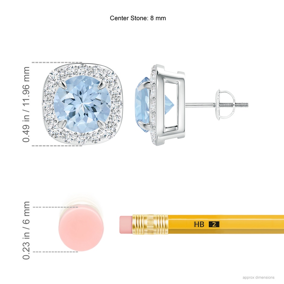 8mm AA Claw-Set Aquamarine and Diamond Cushion Halo Stud Earrings in White Gold ruler