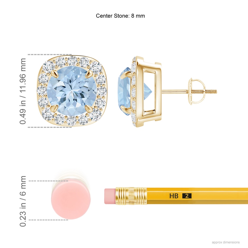 8mm AA Claw-Set Aquamarine and Diamond Cushion Halo Stud Earrings in Yellow Gold ruler