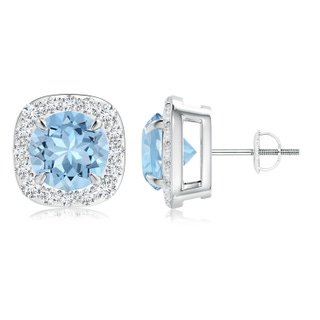 8mm AAA Claw-Set Aquamarine and Diamond Cushion Halo Stud Earrings in White Gold