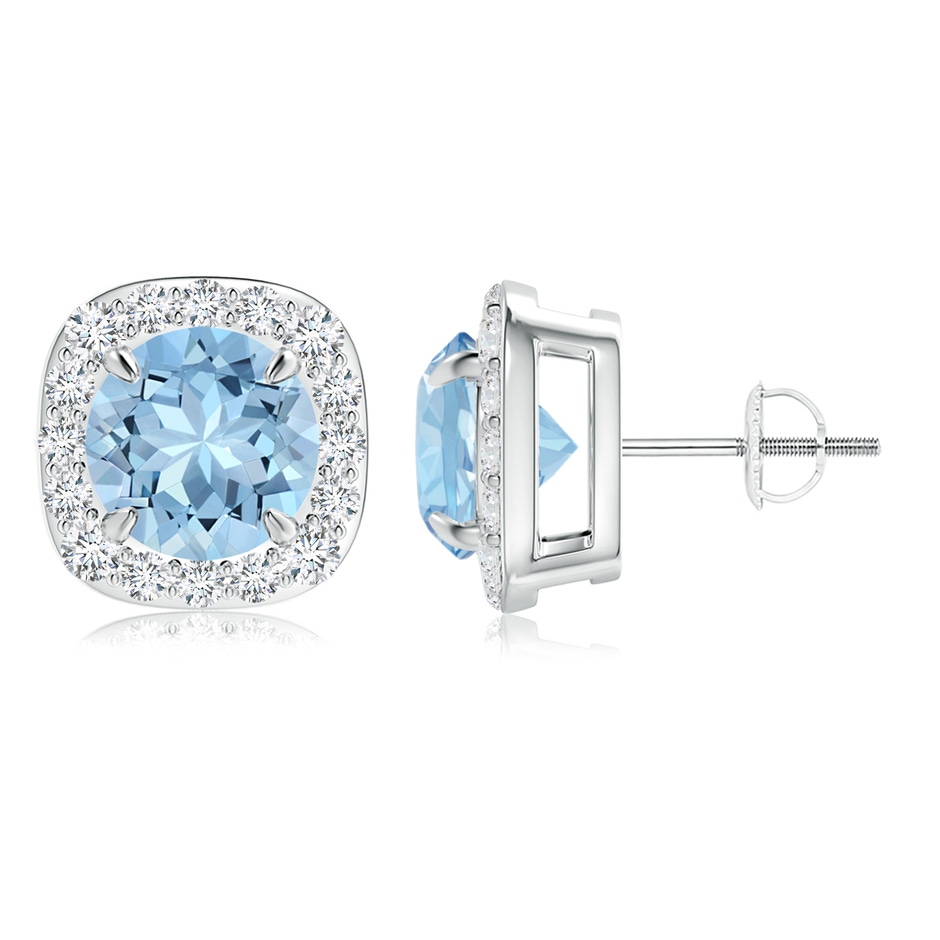 8mm AAA Claw-Set Aquamarine and Diamond Cushion Halo Stud Earrings in White Gold 