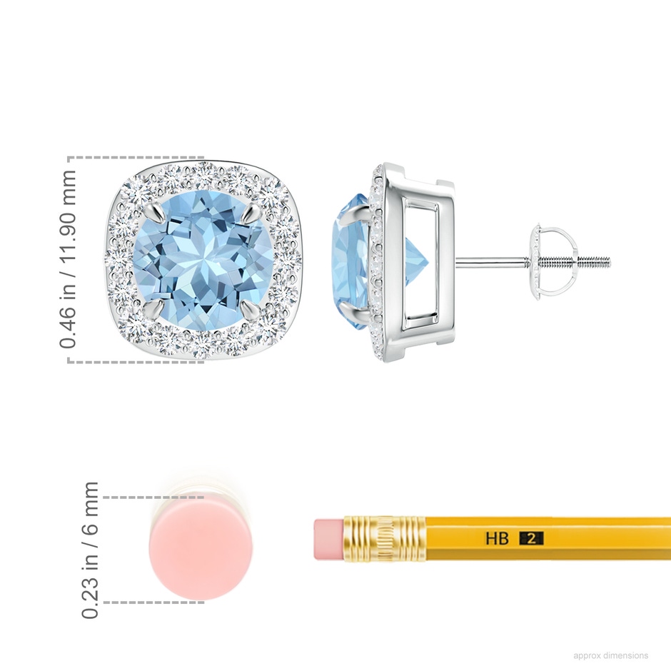 8mm AAA Claw-Set Aquamarine and Diamond Cushion Halo Stud Earrings in White Gold ruler
