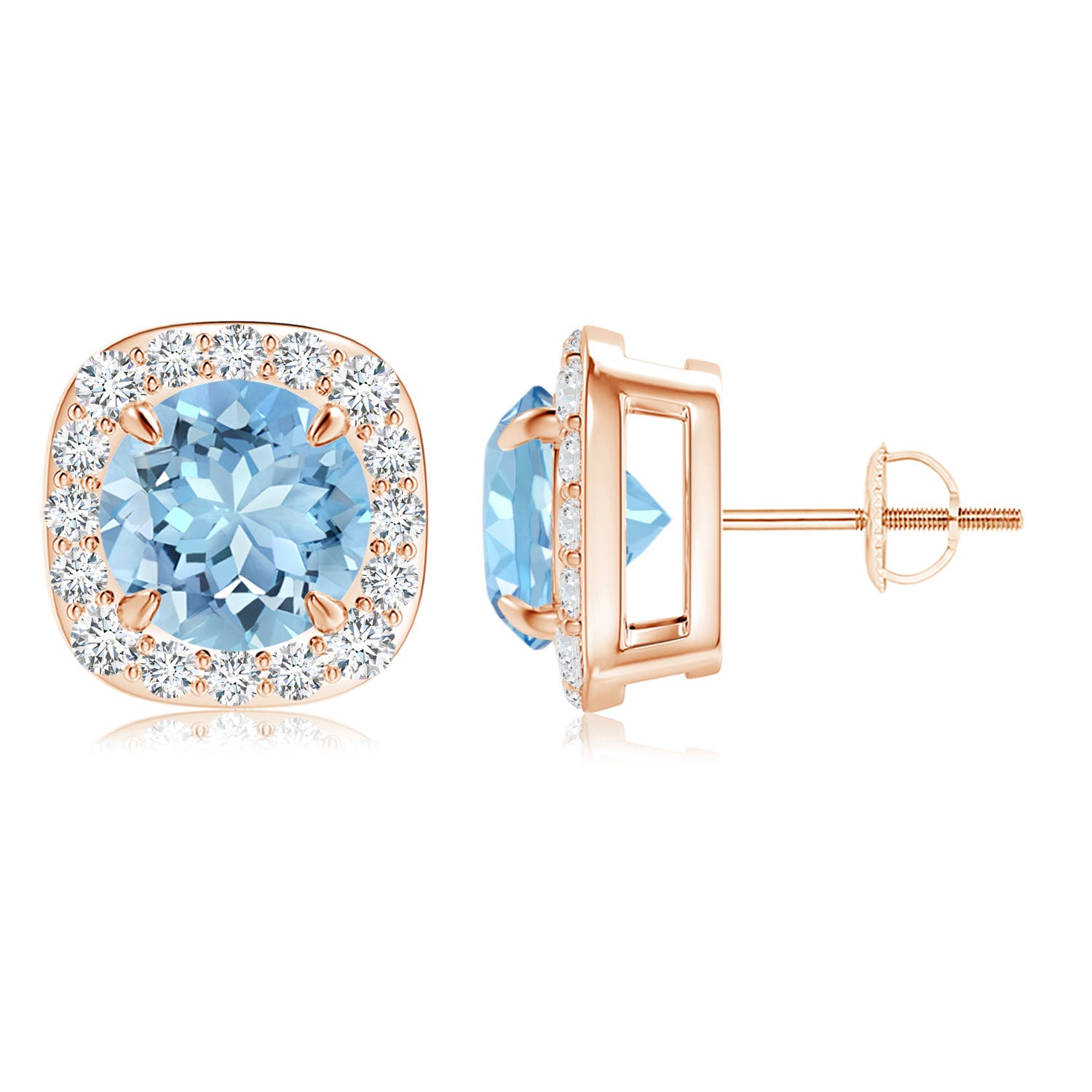 8mm AAAA Claw-Set Aquamarine and Diamond Cushion Halo Stud Earrings in 18K Rose Gold