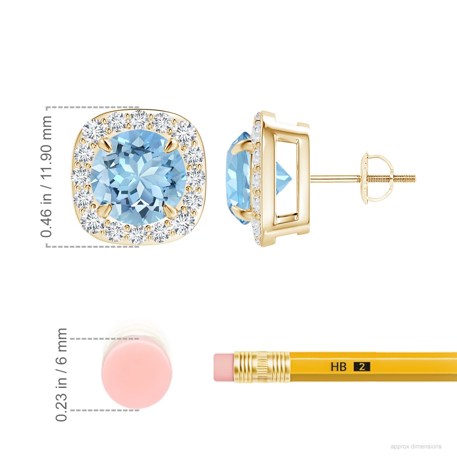 8mm AAAA Claw-Set Aquamarine and Diamond Cushion Halo Stud Earrings in 18K Yellow Gold ruler