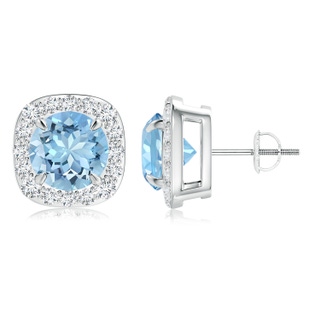 8mm AAAA Claw-Set Aquamarine and Diamond Cushion Halo Stud Earrings in P950 Platinum