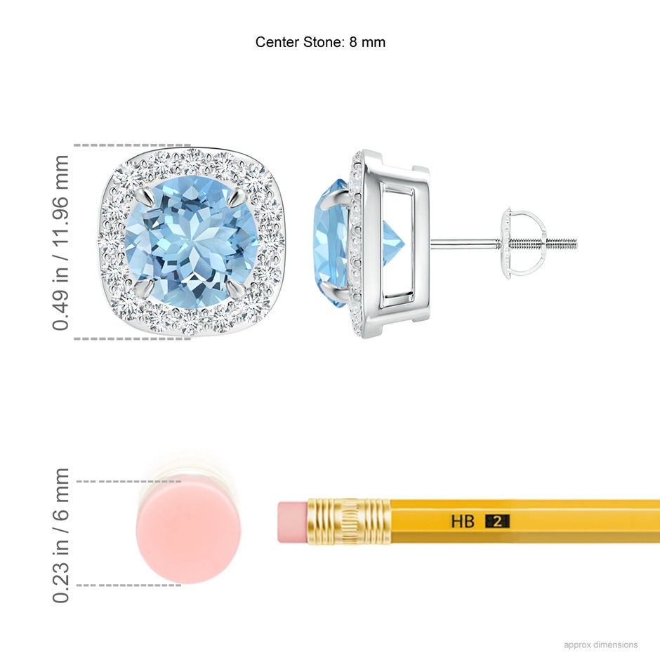 8mm AAAA Claw-Set Aquamarine and Diamond Cushion Halo Stud Earrings in P950 Platinum ruler