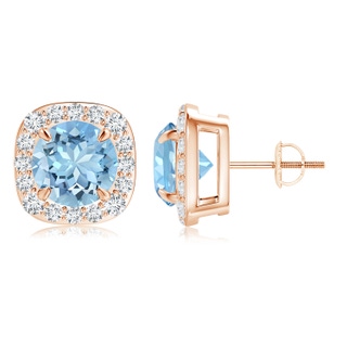 8mm AAAA Claw-Set Aquamarine and Diamond Cushion Halo Stud Earrings in Rose Gold