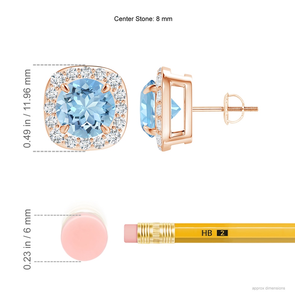 8mm AAAA Claw-Set Aquamarine and Diamond Cushion Halo Stud Earrings in Rose Gold ruler