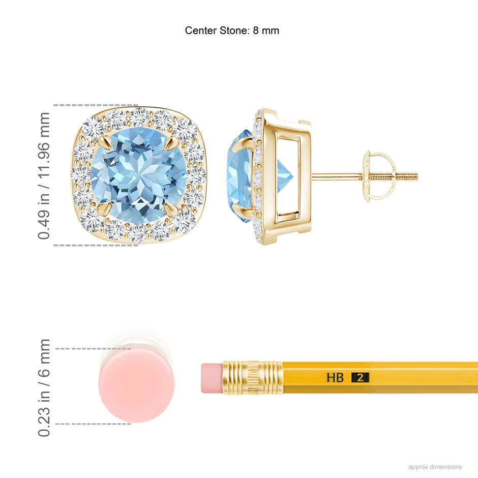 8mm AAAA Claw-Set Aquamarine and Diamond Cushion Halo Stud Earrings in Yellow Gold ruler