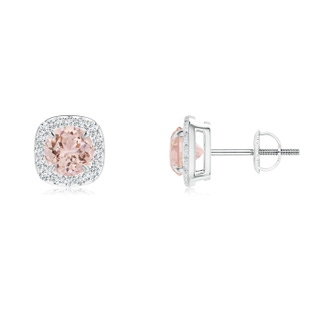 5mm AAA Claw-Set Morganite and Diamond Cushion Halo Stud Earrings in White Gold