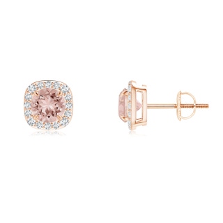 5mm AAAA Claw-Set Morganite and Diamond Cushion Halo Stud Earrings in Rose Gold
