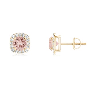 5mm AAAA Claw-Set Morganite and Diamond Cushion Halo Stud Earrings in Yellow Gold