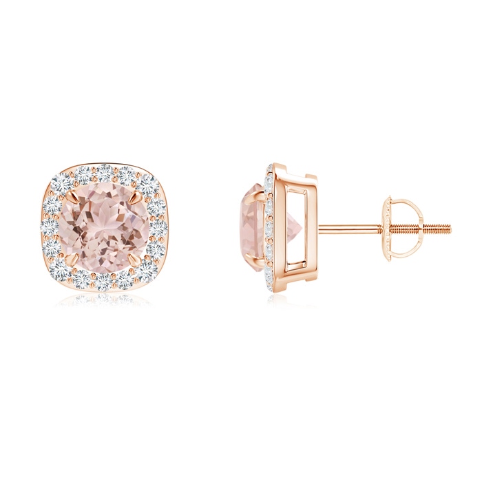 6mm AAA Claw-Set Morganite and Diamond Cushion Halo Stud Earrings in Rose Gold