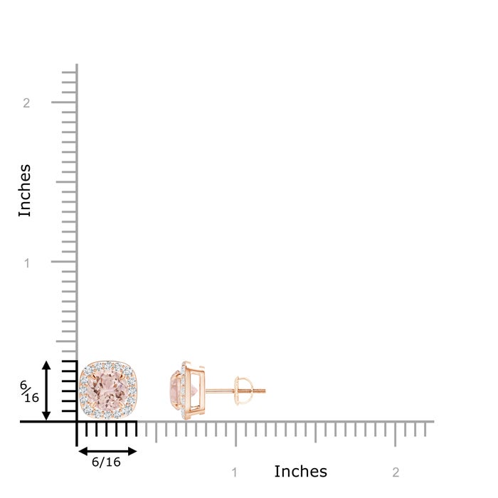 6mm AAA Claw-Set Morganite and Diamond Cushion Halo Stud Earrings in Rose Gold - ruler