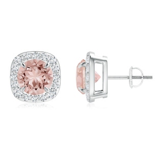 7mm AAAA Claw-Set Morganite and Diamond Cushion Halo Stud Earrings in P950 Platinum