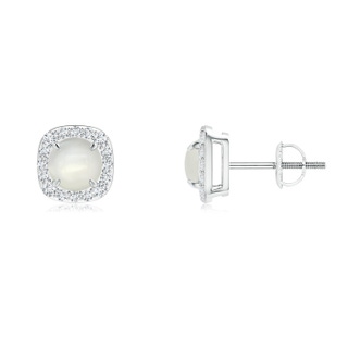 5mm AAAA Claw-Set Moonstone and Diamond Cushion Halo Stud Earrings in White Gold